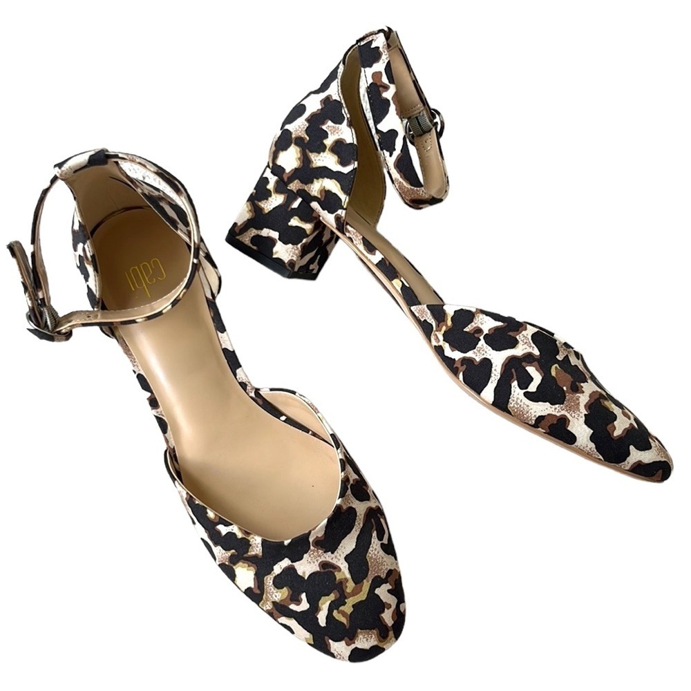 CAbi Leopard Print Block Heel Ankle Strap Pumps in Black, Brown, Cream